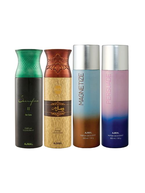 ajmal 1 sacrifice ii for men,1 wisal dhahab for men,1 magnetize,1 persuade unisex combo pack of 4 deos(total 800ml)+3 testers - 17405076 - Very Small Image - 1