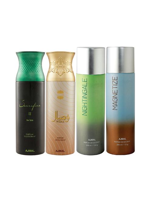 ajmal 1 sacrifice ii for men,1 wisal for women,1 nightingale,1 magnetize unisex combo pack of 4 deos(total 800ml)+3 testers - 17405078 - Very Small Image - 1