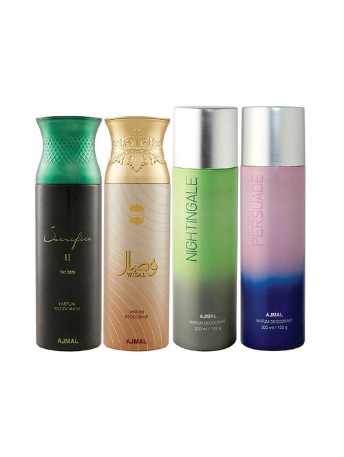 ajmal 1 sacrifice ii for men,1 wisal for women,1 nightingale,1 persuade unisex combo pack of 4 deos(total 800ml)+3 testers - 17405079 - Very Small Image - 1