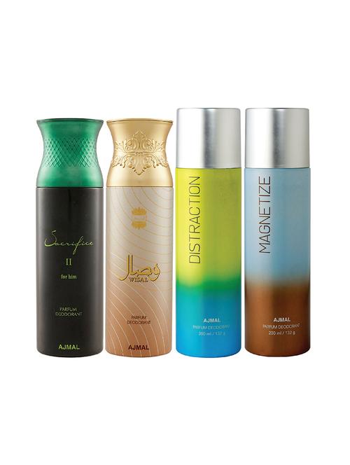 ajmal 1 sacrifice ii for men,1 wisal for women,1 distraction,1 magnetize unisex combo pack of 4 deos(total 800ml)+3 testers - 17405080 - Very Small Image - 1