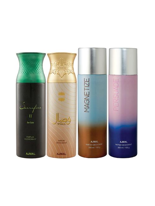ajmal 1 sacrifice ii for men,1 wisal for women,1 magnetize,1 persuade unisex deodorant combo pack of 4(total 800ml)+3 testers - 17405081 - Very Small Image - 1