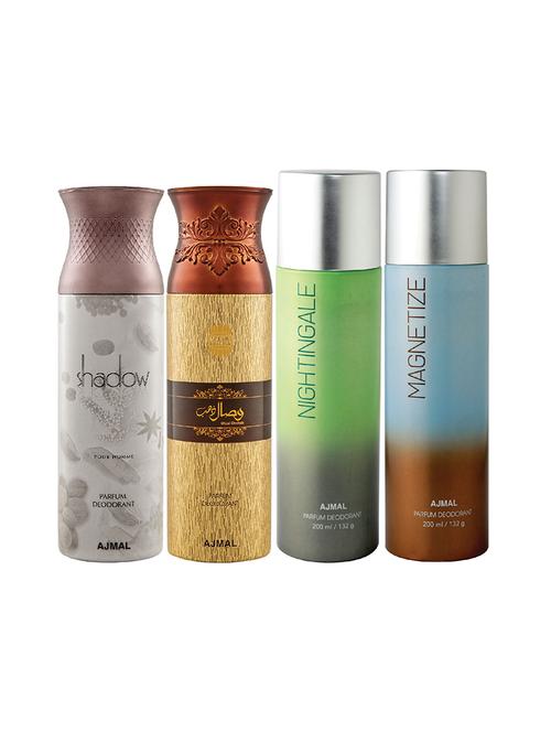 ajmal 1 shadow for men,1 wisal dhahab for men,1 nightingale,1 magnetize unisex combo pack of 4 deos(total 800ml)+3 testers - 17405088 - Very Small Image - 1