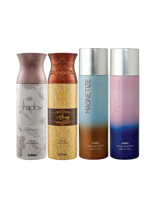 ajmal 1 shadow for men,1 wisal dhahab for men,1 magnetize,1 persuade unisex deodorant combo pack of 4(total 800ml)+3 testers - 17405091 - Very Small Image - 1