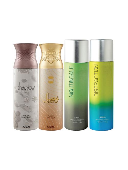 ajmal 1 shadow for men,1 wisal for women,1 nightingale,1 distraction unisex deodorant combo pack of 4(total 800ml)+3 testers - 17405092 - Very Small Image - 1