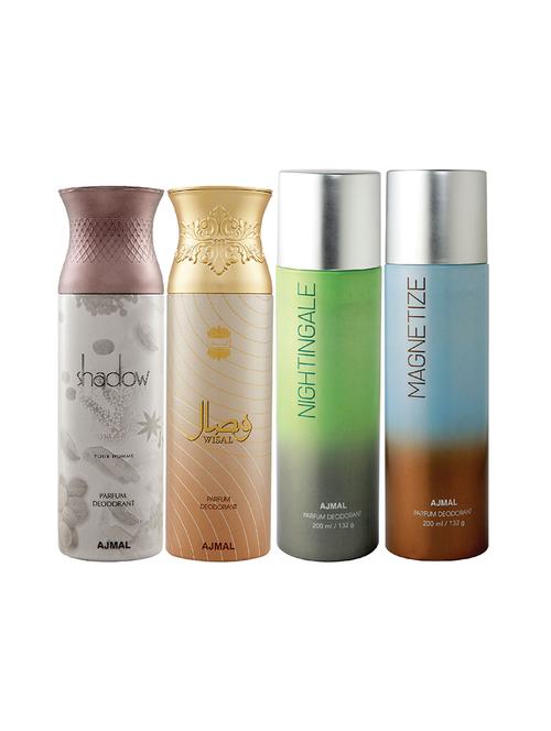 ajmal 1 shadow for men,1 wisal for women,1 nightingale,1 magnetize unisex deodorant combo pack of 4(total 800ml)+3 testers - 17405093 - Very Small Image - 1