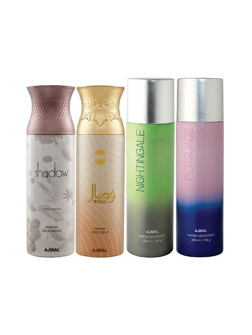 ajmal 1 shadow for men,1 wisal for women,1 nightingale,1 persuade for unisex deodorant combo pack of 4(total 800ml)+3 testers - 17405094 - Very Small Image - 1