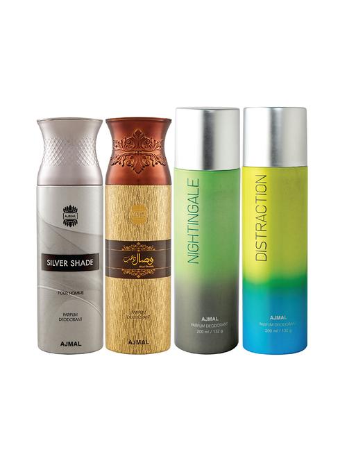 ajmal 1 silver shade for men,1 wisal dhahab for men,1 nightingale,1 distraction unisex pack of 4 deos(total 800ml)+3 testers - 17405097 - Very Small Image - 1