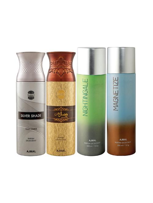 ajmal 1 silver shade for men,1 wisal dhahab for men,1 nightingale,1 magnetize unisex pack of 4 deos(total 800ml)+3 testers - 17405098 - Very Small Image - 1