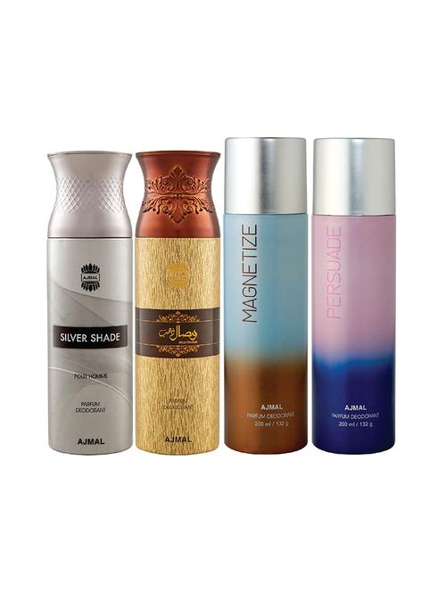 ajmal 1 silver shade for men,1 wisal dhahab for men,1 magnetize,1 persuade unisex combo pack of 4 deos(total 800ml)+3 testers - 17405101 - Very Small Image - 1