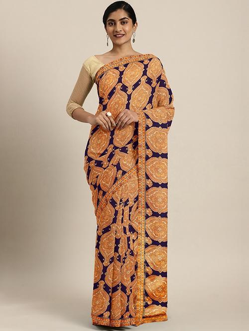 navy printed saree with blouse - 17406393 - Very Small Image - 1
