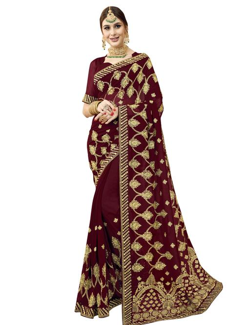marron embroidered saree with blouse - 17406425 - Very Small Image - 1
