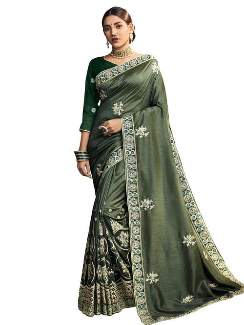 olive embroidered saree - 17406445 - Very Small Image - 1