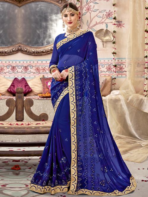 lace bordered embroidered saree with blouse - 17406468 - Very Small Image - 1