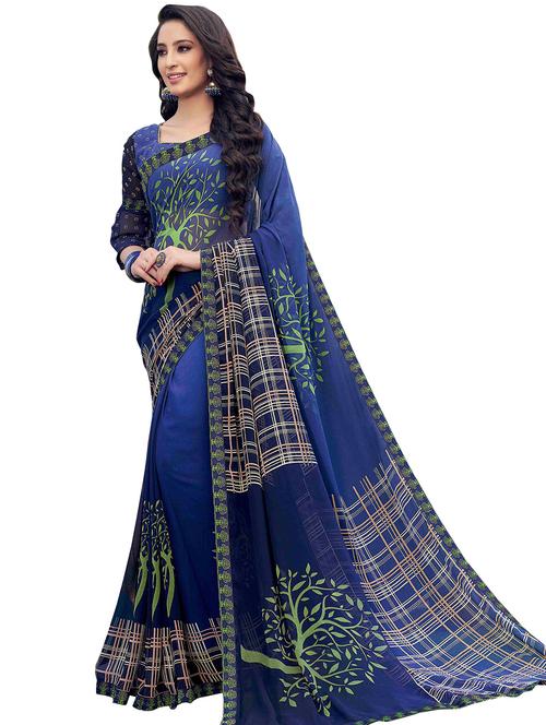 royal blue printed saree - 17406475 - Very Small Image - 1