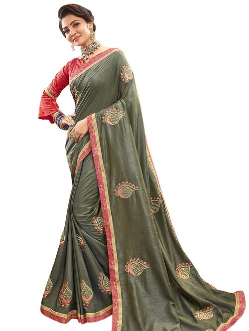 olive embroidered saree with blouse - 17406487 - Very Small Image - 1