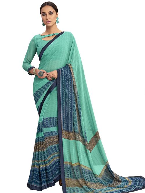turquoise printed saree with blouse - 17406529 - Very Small Image - 1
