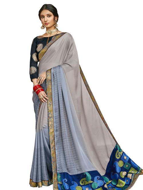 grey georgette printed saree with blouse - 17406544 - Very Small Image - 1