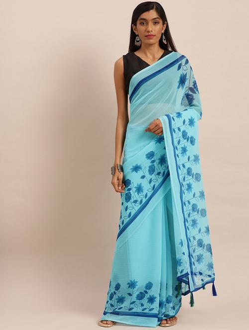 turquoise printed saree with blouse - 17406584 - Very Small Image - 1