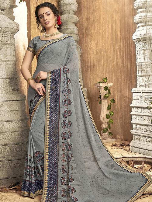lace detailed printed saree with blouse - 17406621 - Very Small Image - 1