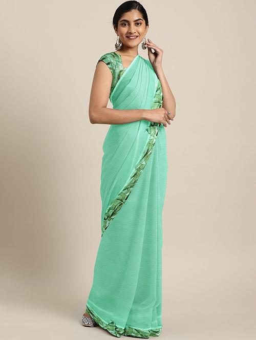 solid bordered ruffled saree with blouse - 17406624 - Very Small Image - 1