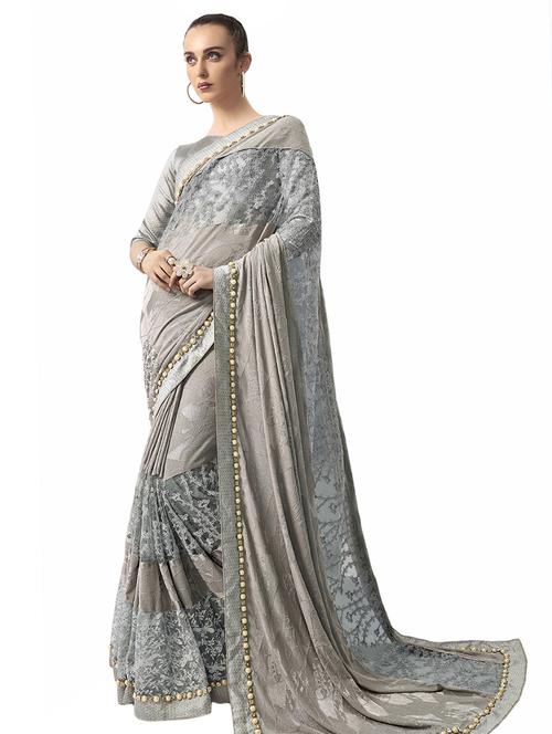 net embroidered saree with blouse - 17406672 - Very Small Image - 1
