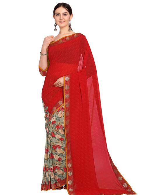 half & half printed saree with blouse - 17408956 - Very Small Image - 1