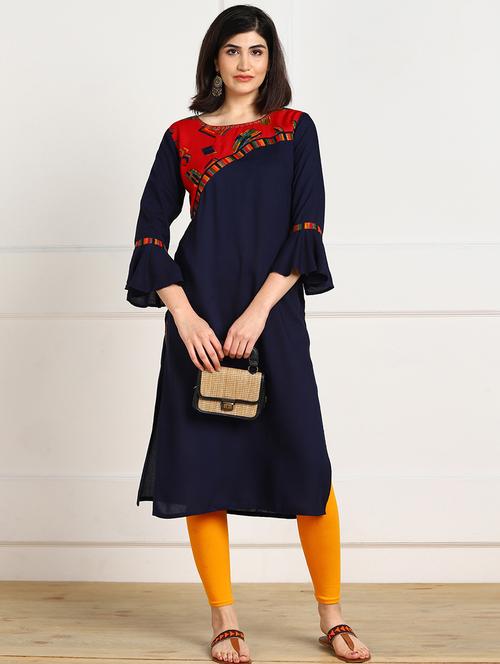 printed contrast yoke straight kurta - 17411472 - Very Small Image - 1