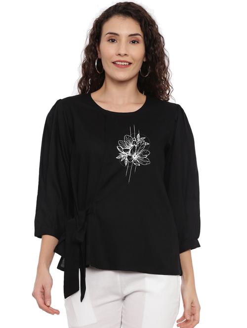 tie front round neck top - 17411646 - Very Small Image - 1