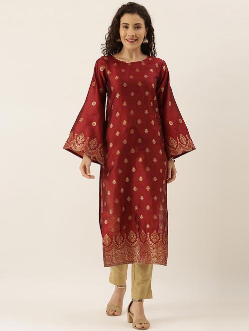 maroon bell seeves straight kurta - 17411787 - Very Small Image - 1