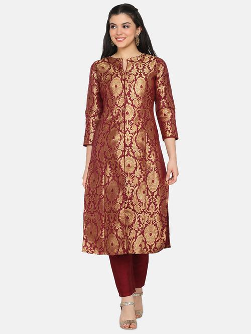 floral jacquard work straight kurta - 17412141 - Very Small Image - 1