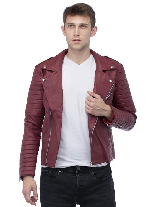 maroon solid pu biker jacket - 17412344 - Very Small Image - 1
