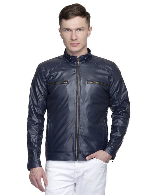 navy blue solid pu biker jacket - 17412360 - Very Small Image - 1