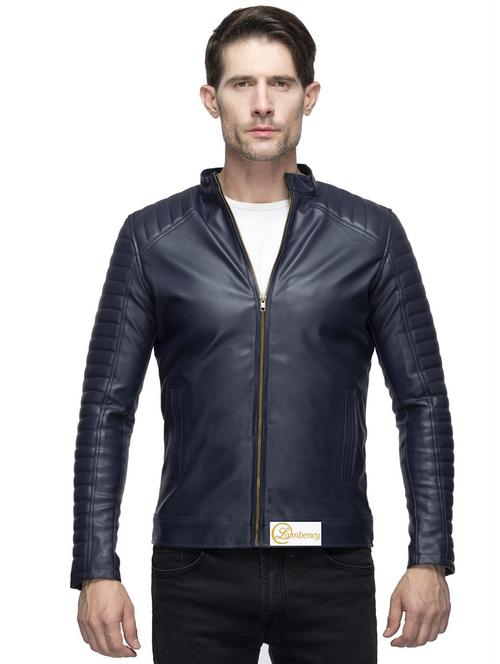 navy blue solid pu biker jacket - 17412361 - Very Small Image - 1