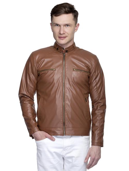 tan solid pu biker jacket - 17412369 - Very Small Image - 1