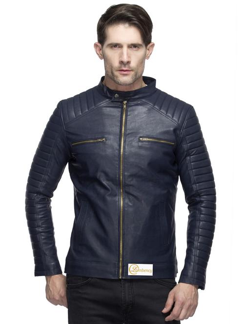 navy blue solid pu biker jacket - 17412370 - Very Small Image - 1
