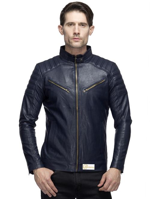 navy blue solid pu biker jacket - 17412400 - Very Small Image - 1