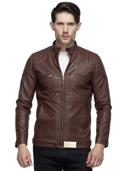 brown solid pu biker jacket - 17412459 - Very Small Image - 1