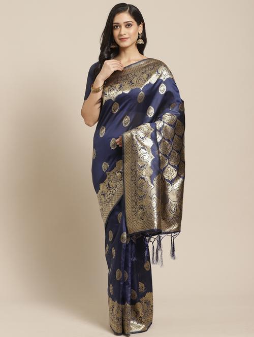 navy silk blend banarasi saree - 17413882 - Very Small Image - 1