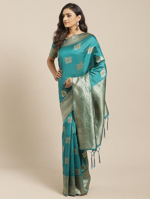 turquoise banarasi saree with blouse - 17413897 - Very Small Image - 1