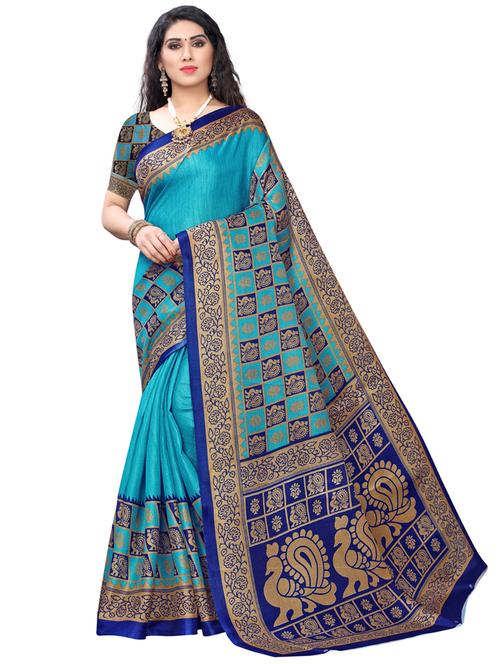 turquoise printed saree with blouse - 17416453 - Very Small Image - 1