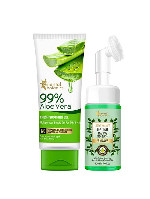 oriental botanics soothing skin care combo | 99% aloe vera gel 100ml + tea tree foaming face wash 120ml - 17416503 - Very Small Image - 1