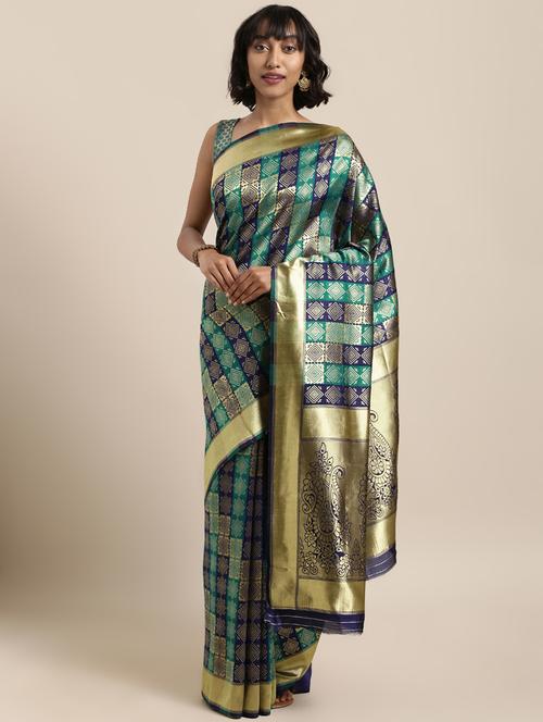 navy silk blend banarasi saree with blouse - 17419409 - Very Small Image - 1
