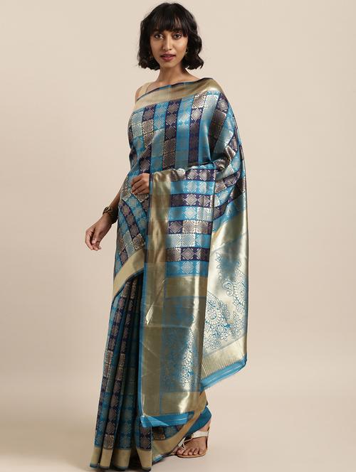 navy silk blend banarasi saree with blouse - 17419413 - Very Small Image - 1
