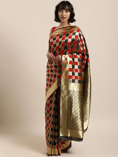 checkered banarasi saree with blouse - 17419416 - Very Small Image - 1