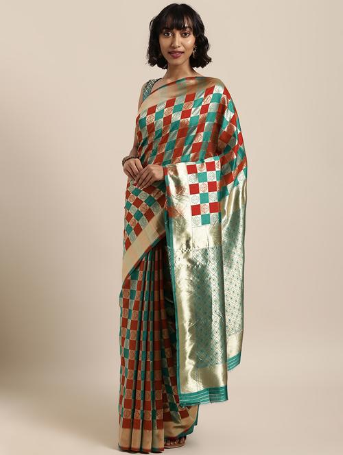 checkered banarasi saree with blouse - 17419417 - Very Small Image - 1