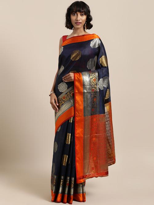 navy silk blend banarasi saree - 17419422 - Very Small Image - 1