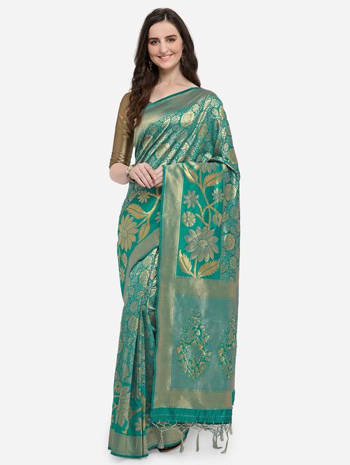 turquoise banarasi saree - 17419432 - Very Small Image - 1