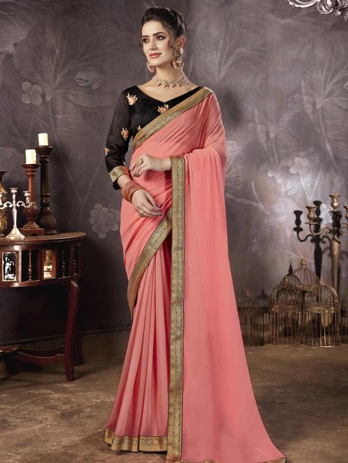 peach georgette plain saree with blouse - 17419901 - Very Small Image - 1