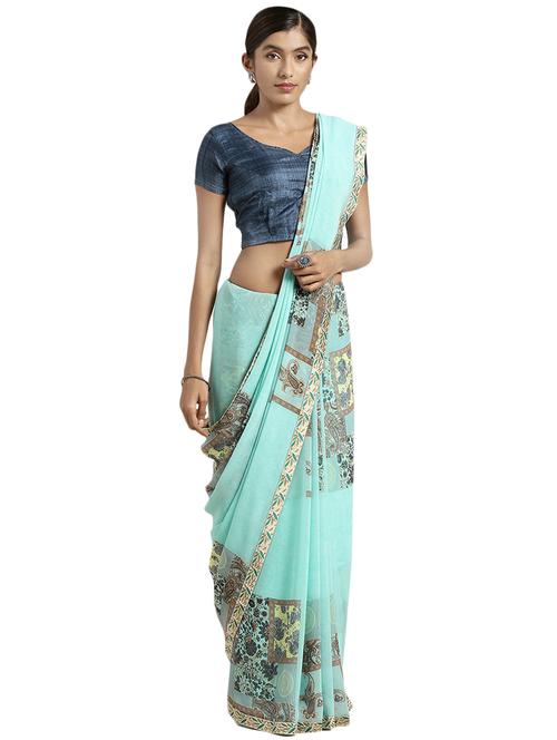 turquoise georgette printed saree with blouse - 17419919 - Very Small Image - 1