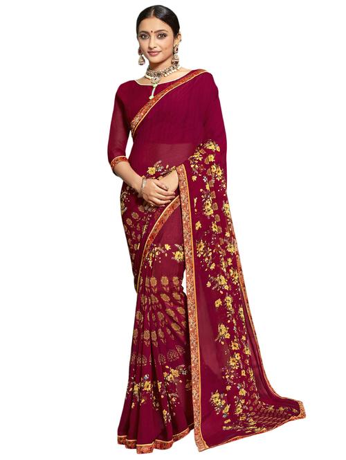 maroon georgette printed saree - 17419964 - Very Small Image - 1